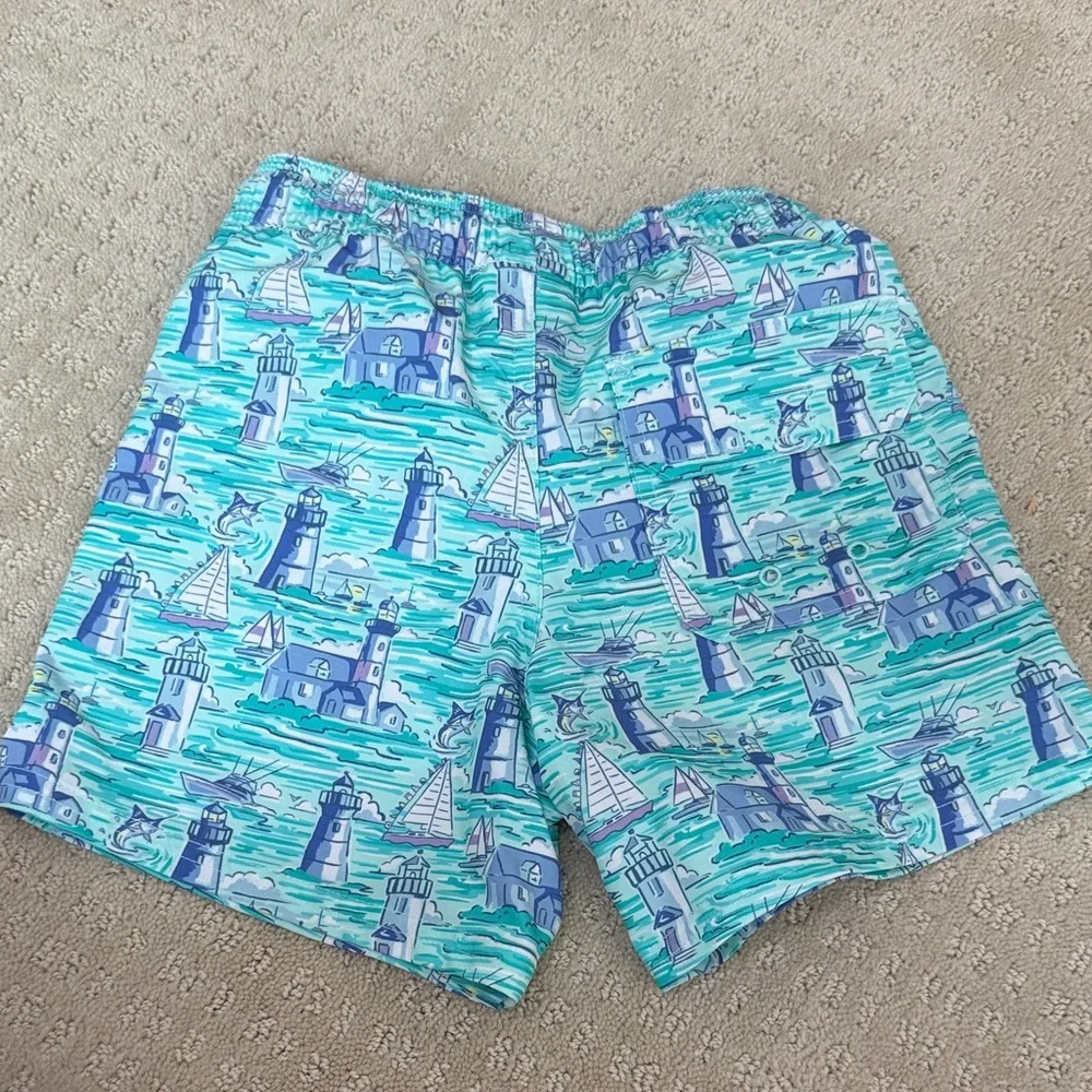 Vineyard Vines Kids Lighthouse Print Swim Trunks in Aqua & Blue